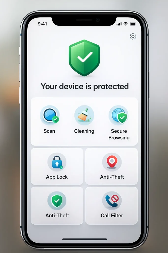 Kaspersky app interface with buttons to clean Up, optimize and protections